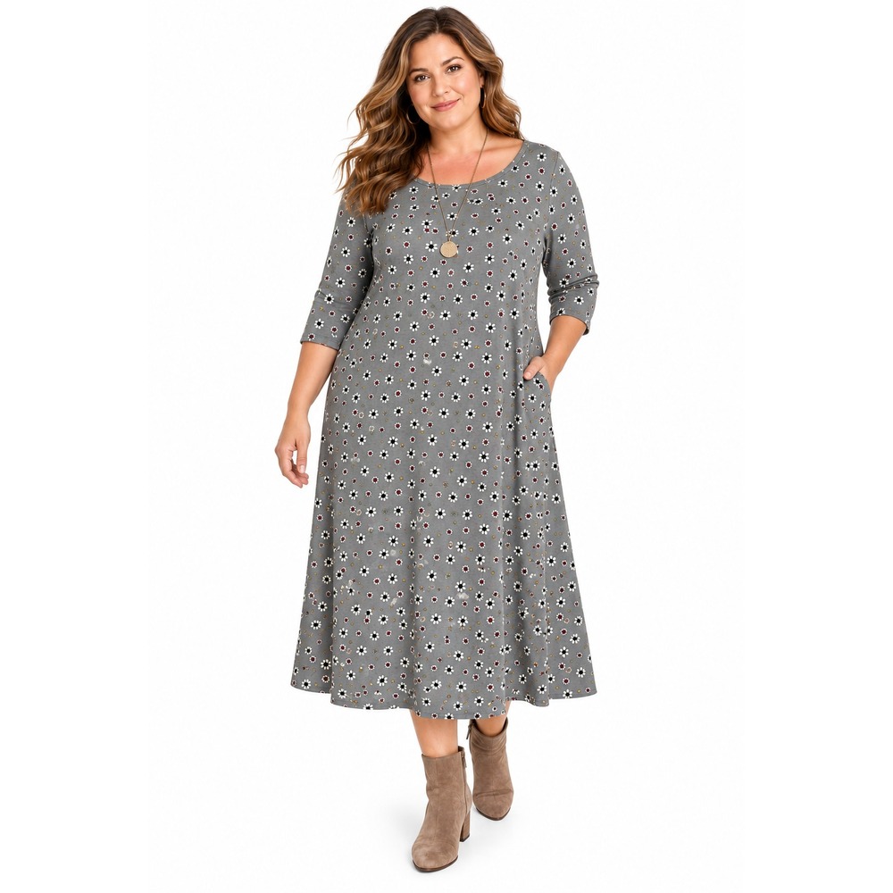 Gudrun Sjoden Floral Organic Cotton Oolong Dress Size XL Lagenlook NWT w/Sleeves